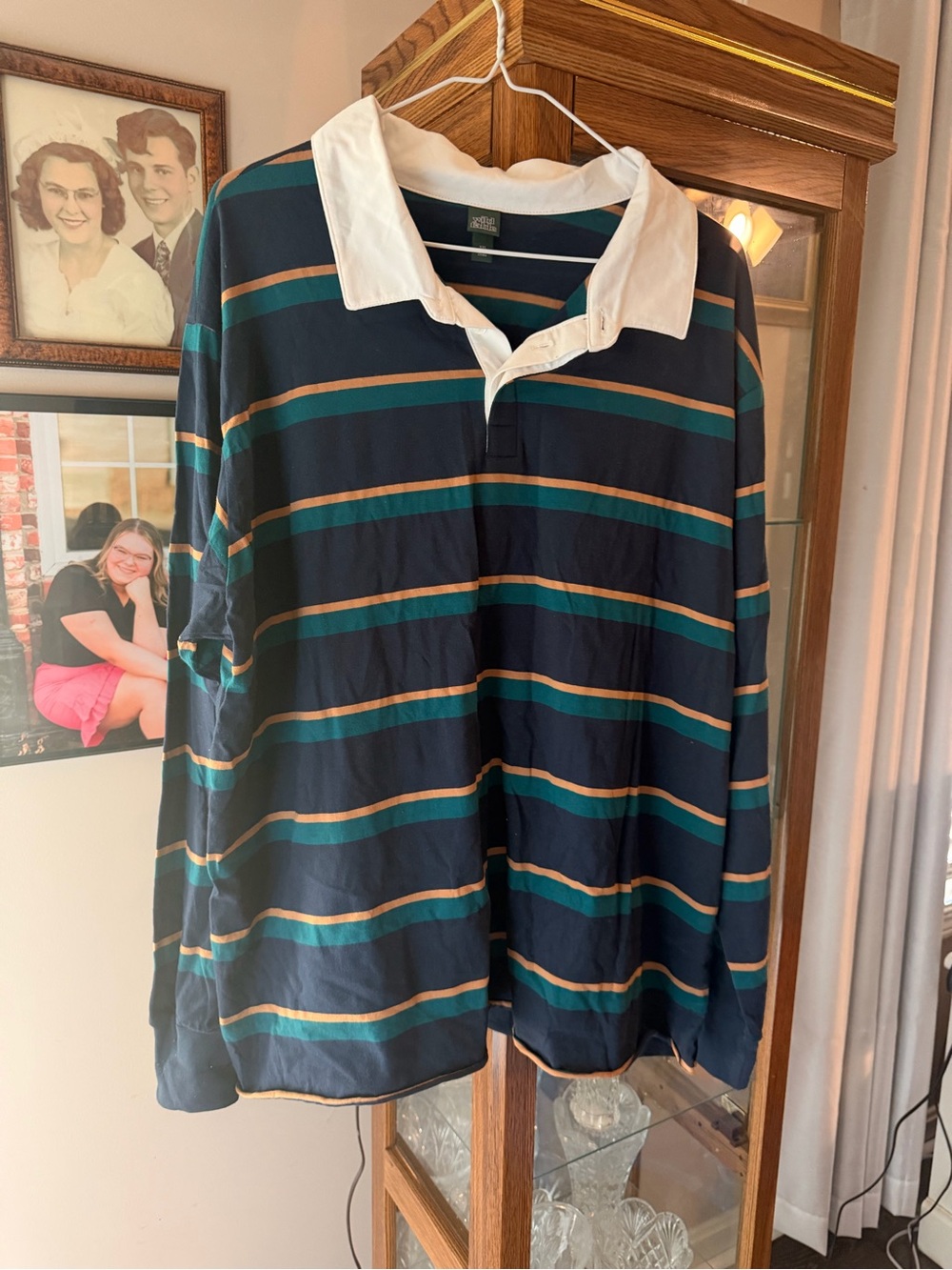 wild fable Navy, Teal & Gold Striped Rugby Polo with White Collar
